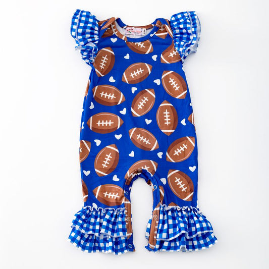 Gingham Football Baby Romper - Blue