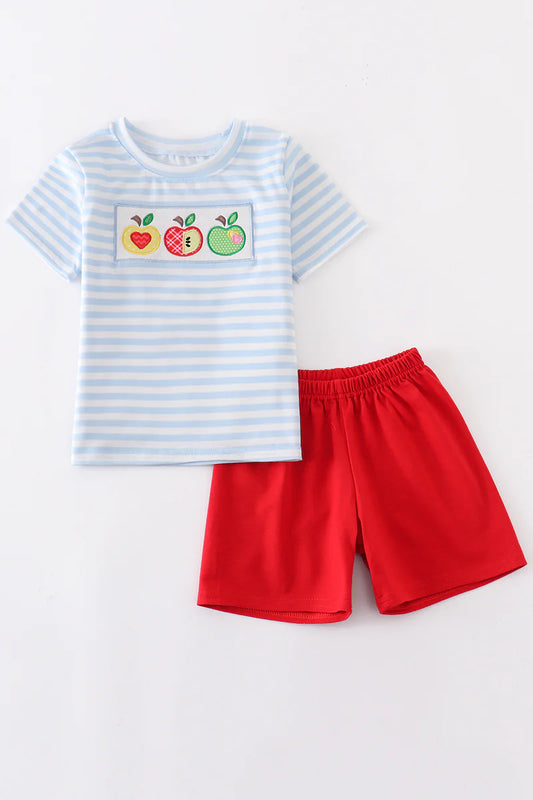 BLUE STRIPES APPLE EMBROIDERY BOY SET