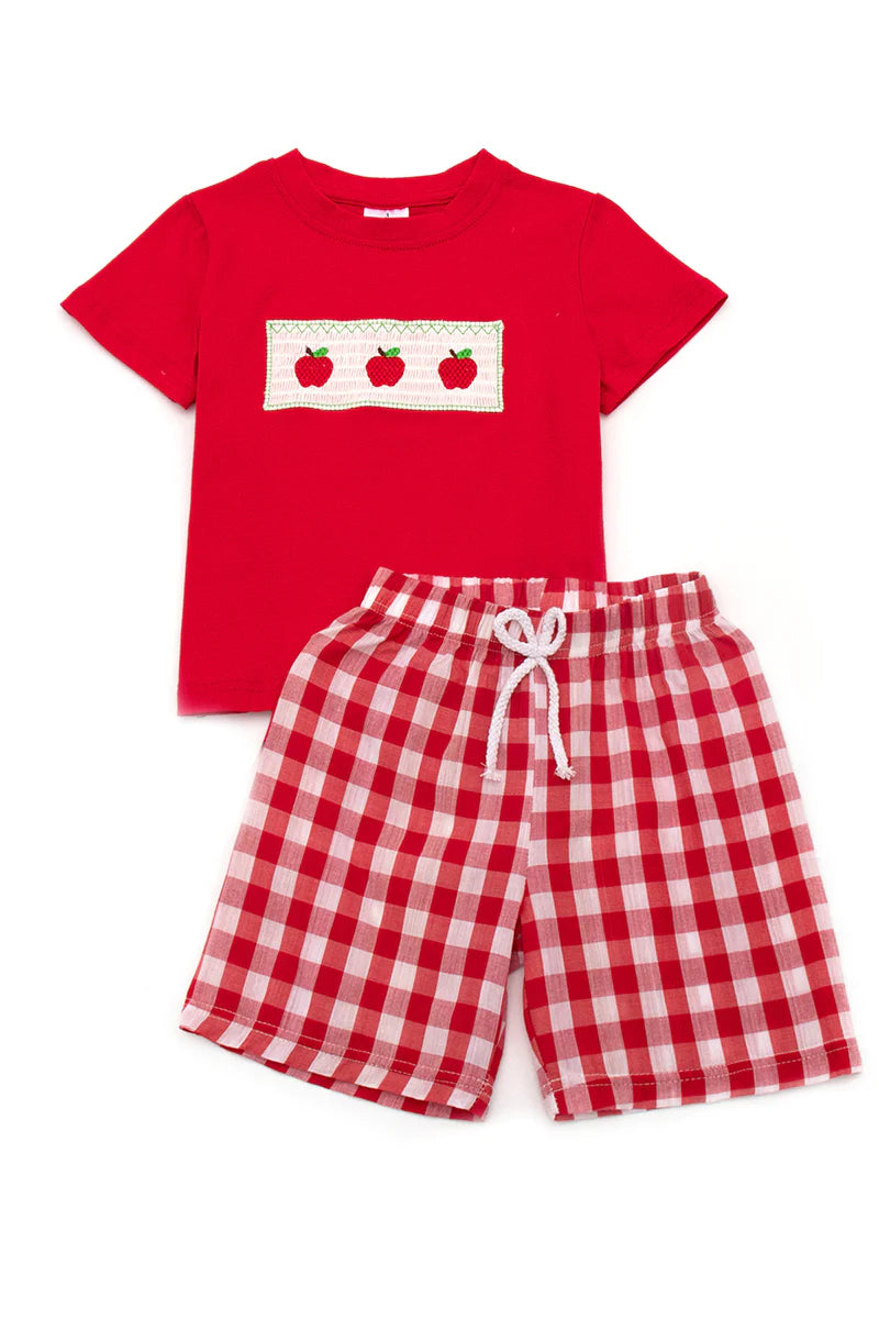 BACK TO SCHOOL APPLE SMOCKED PLAID SHORTS SET