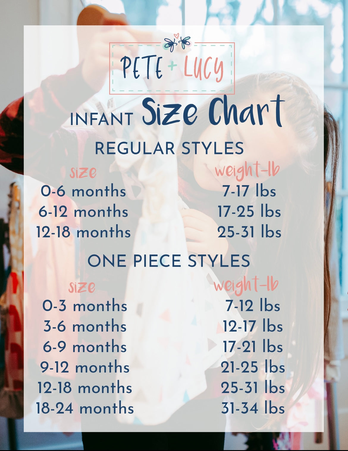 This Brand is very generous in size. Sizing Charts are used as a general rule/guideline but not exacts as each child is different. We recommend sizing down if your child is in-between sizes or just starting a newer size. For a more fitted look, SIZE DOWN. Choose "Regular" size for a more looser feel with RTG. *Please read the descriptions for each item as some infant styles (rompers) run TTS. Any further questions/concerns, please reach out to us thru email. Thanks!